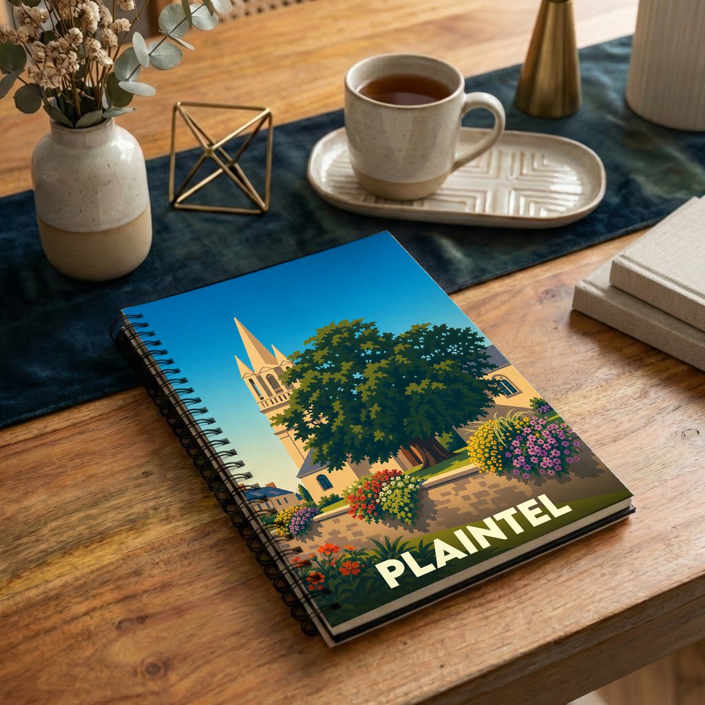 Carnet souvenir de la ville de Plaintel orné d'une illustration stylisée de son église et d'un grand arbre.