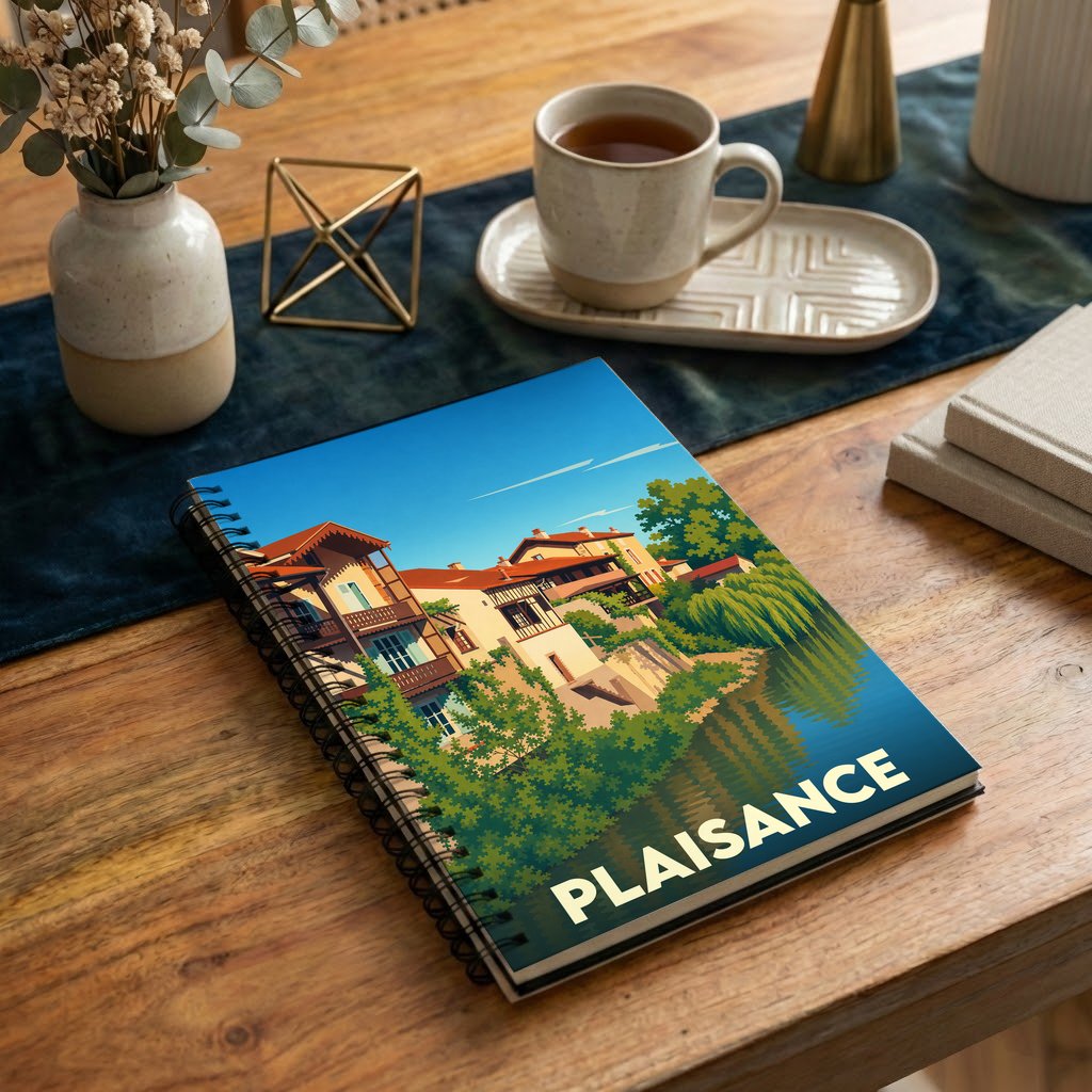 Carnet à spirales souvenir de la ville de Plaisance avec une illustration stylisée de maisons au bord de l'eau.