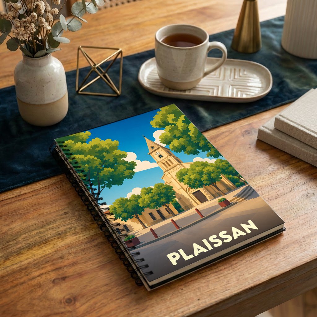 Carnet à spirales souvenir de la ville de Plaissan avec une illustration stylisée de son église et de ses platanes.