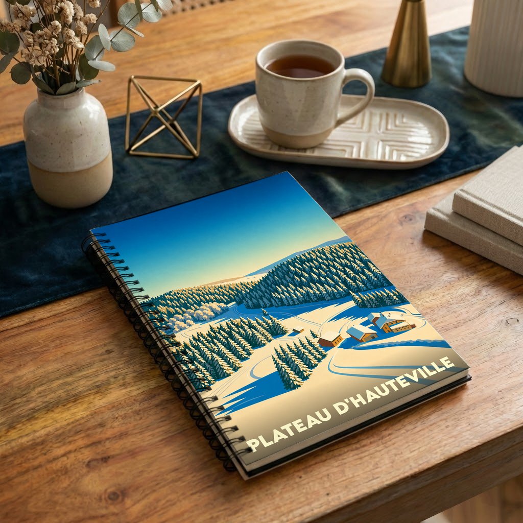 Carnet souvenir de la ville de Plateau d'Hauteville avec une illustration hivernale stylisée.