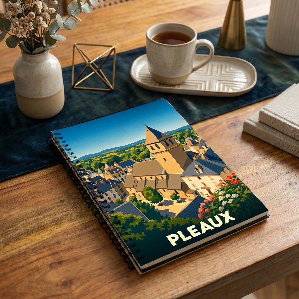 Carnet à spirale souvenir de la ville de Pleaux avec une illustration stylisée de son église et de ses toits.