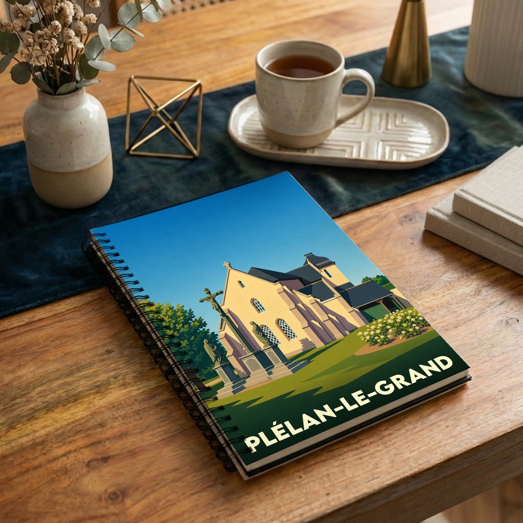 Carnet souvenir de la ville de Plélan-le-Grand avec une illustration stylisée de son église.