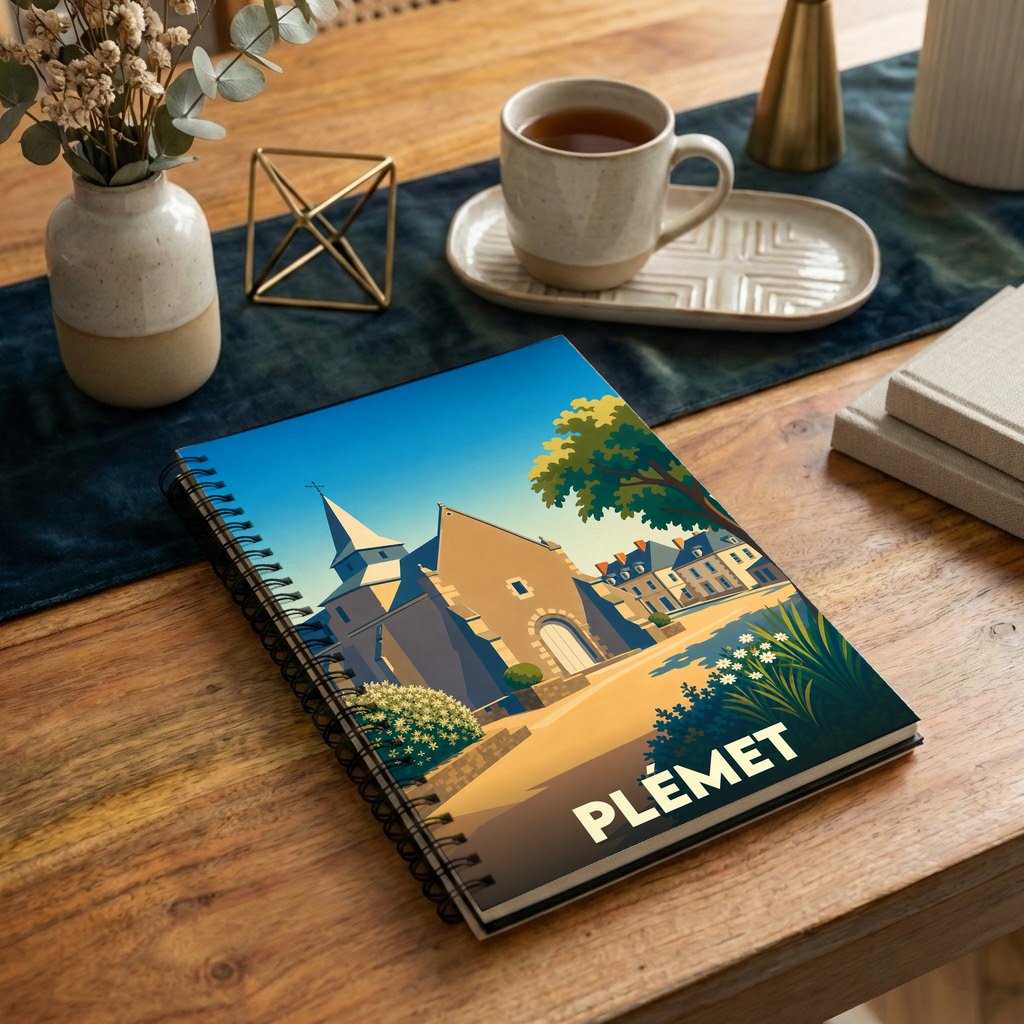 Carnet souvenir de la ville de Plémet avec une illustration stylisée de son église et de ses maisons typiques.