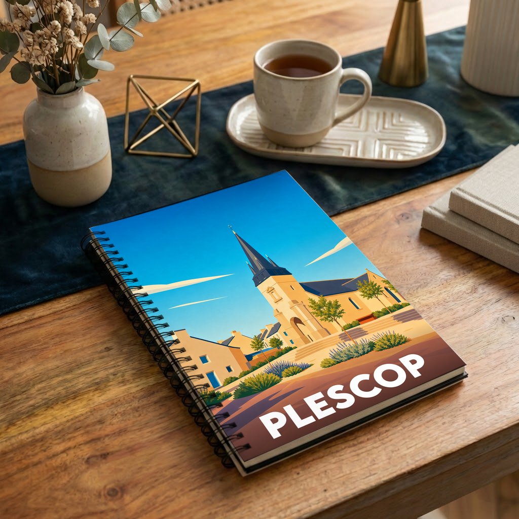 Carnet à spirales souvenir de la ville de Plescop avec une illustration stylisée de son église.