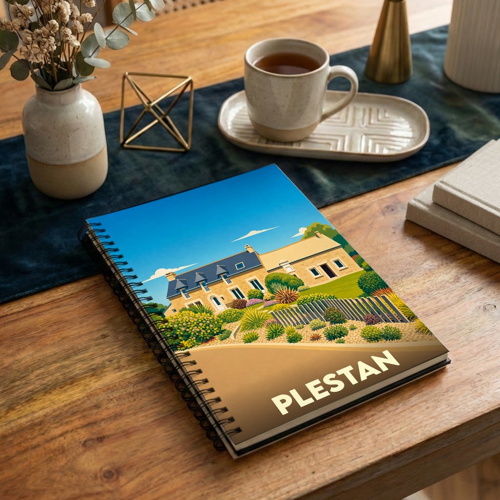 Carnet à spirales souvenir de la ville de Plestan avec une illustration stylisée d'une maison traditionnelle.