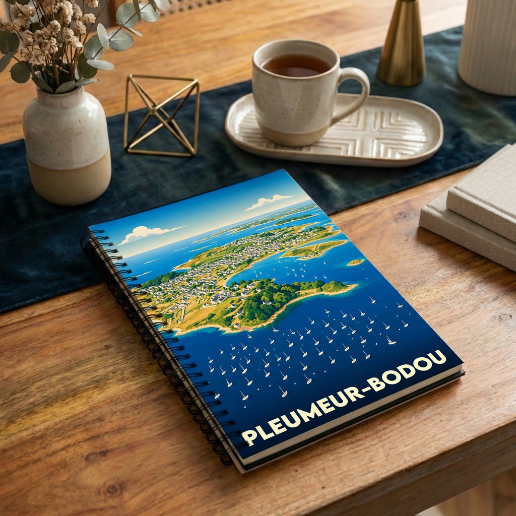 Carnet souvenir de la ville de Pleumeur-Bodou avec une illustration stylisée de son littoral.