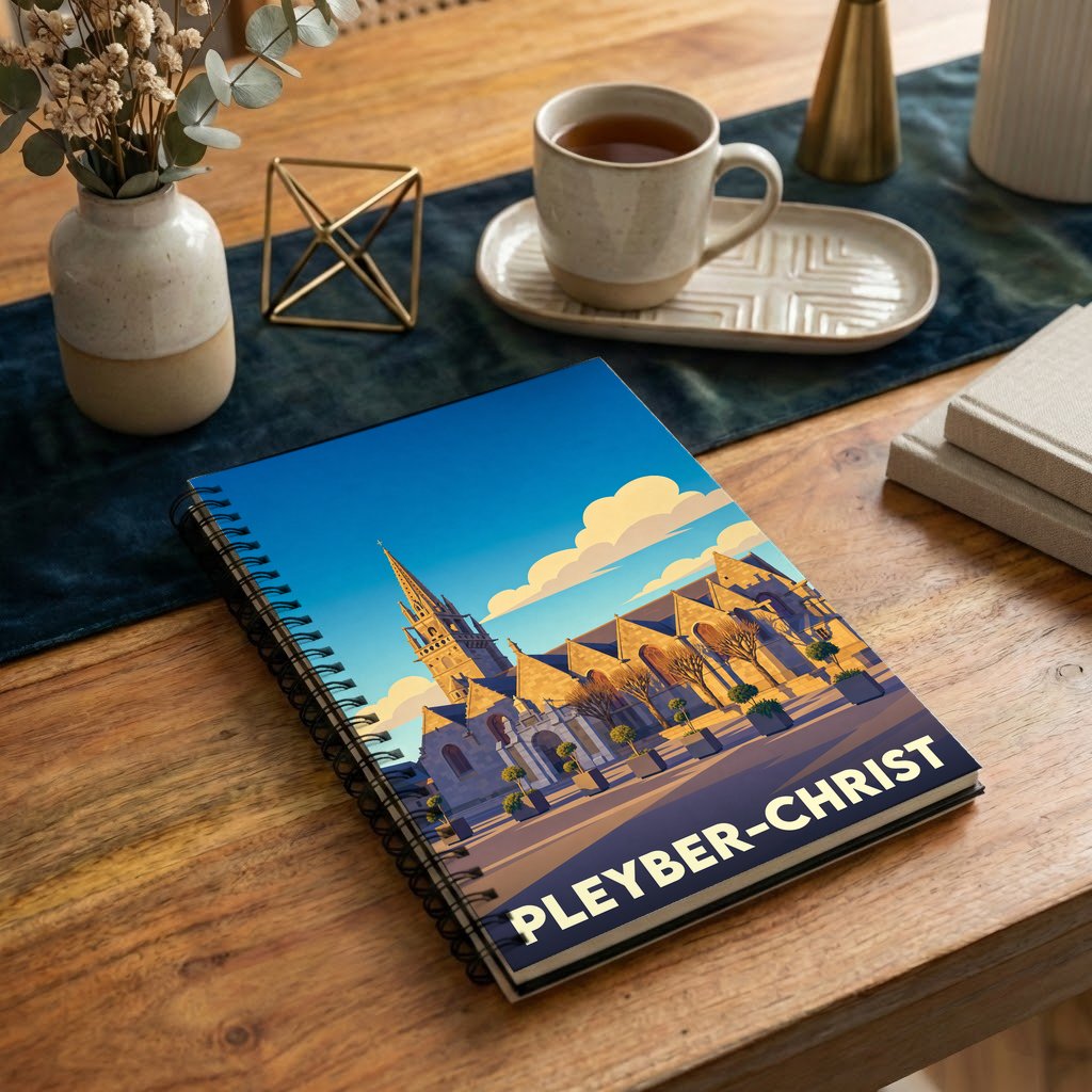 Carnet à spirales souvenir de Pleyber-Christ avec une illustration stylisée de son église sous un ciel azur.