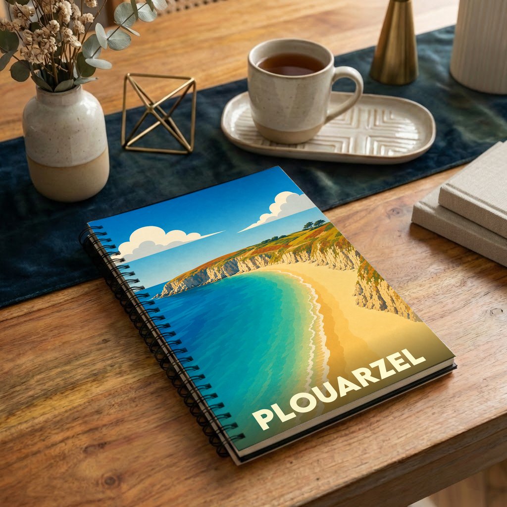 Carnet de notes à spirales souvenir de Plouarzel avec une illustration stylisée d'une plage ensoleillée au pied des falaises.