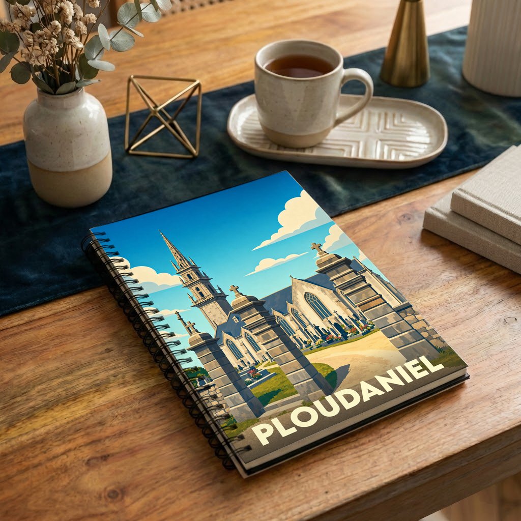 Carnet à spirales souvenir de la ville de Ploudaniel avec une illustration stylisée de son église.