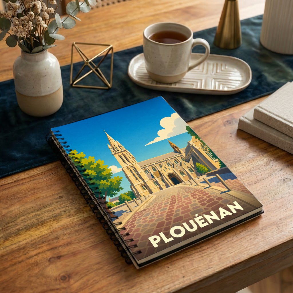 Carnet à spirales souvenir de la ville de Plouénan avec une illustration stylisée de son église.