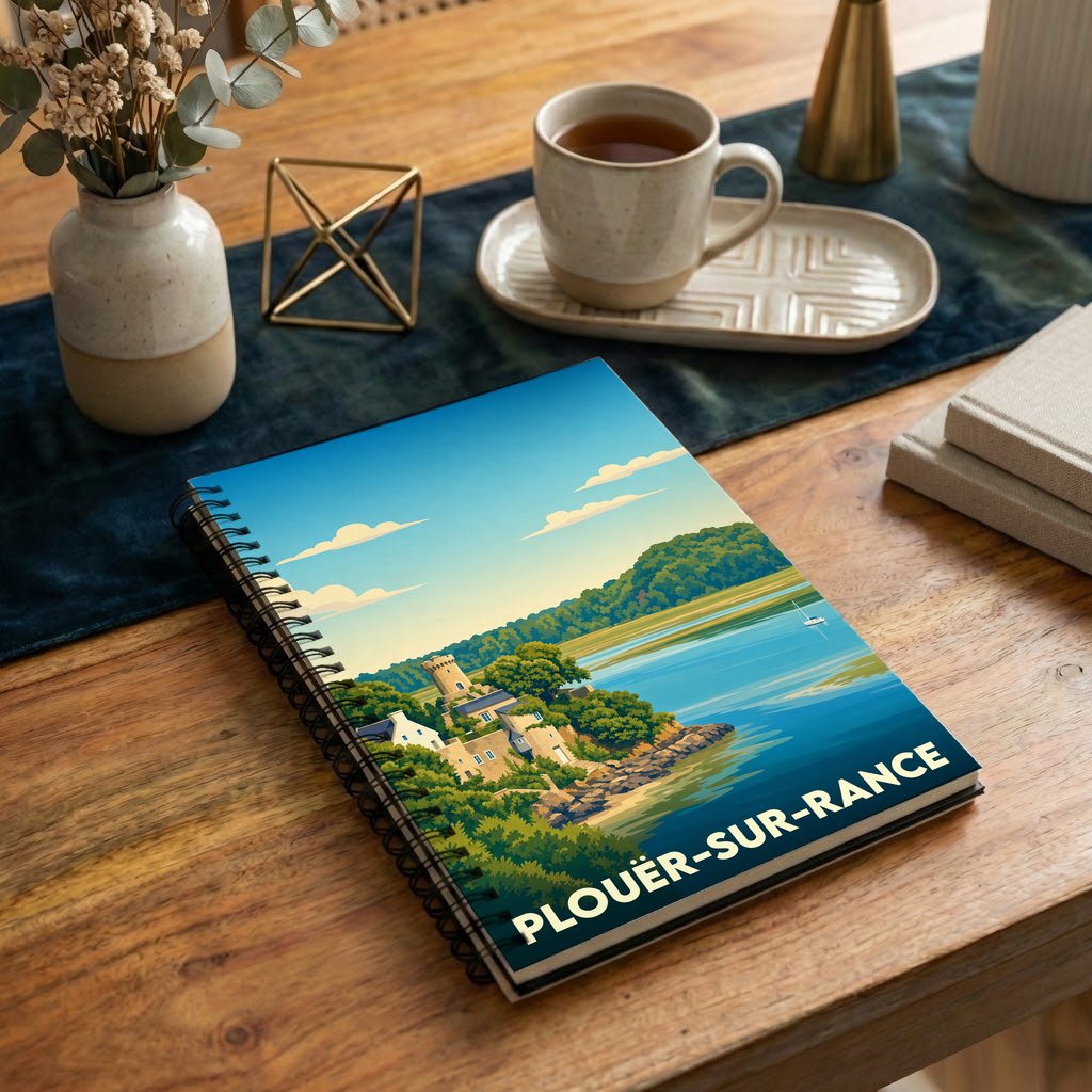 Carnet souvenir de la ville de Plouër-sur-Rance illustré d'un paysage côtier stylisé.