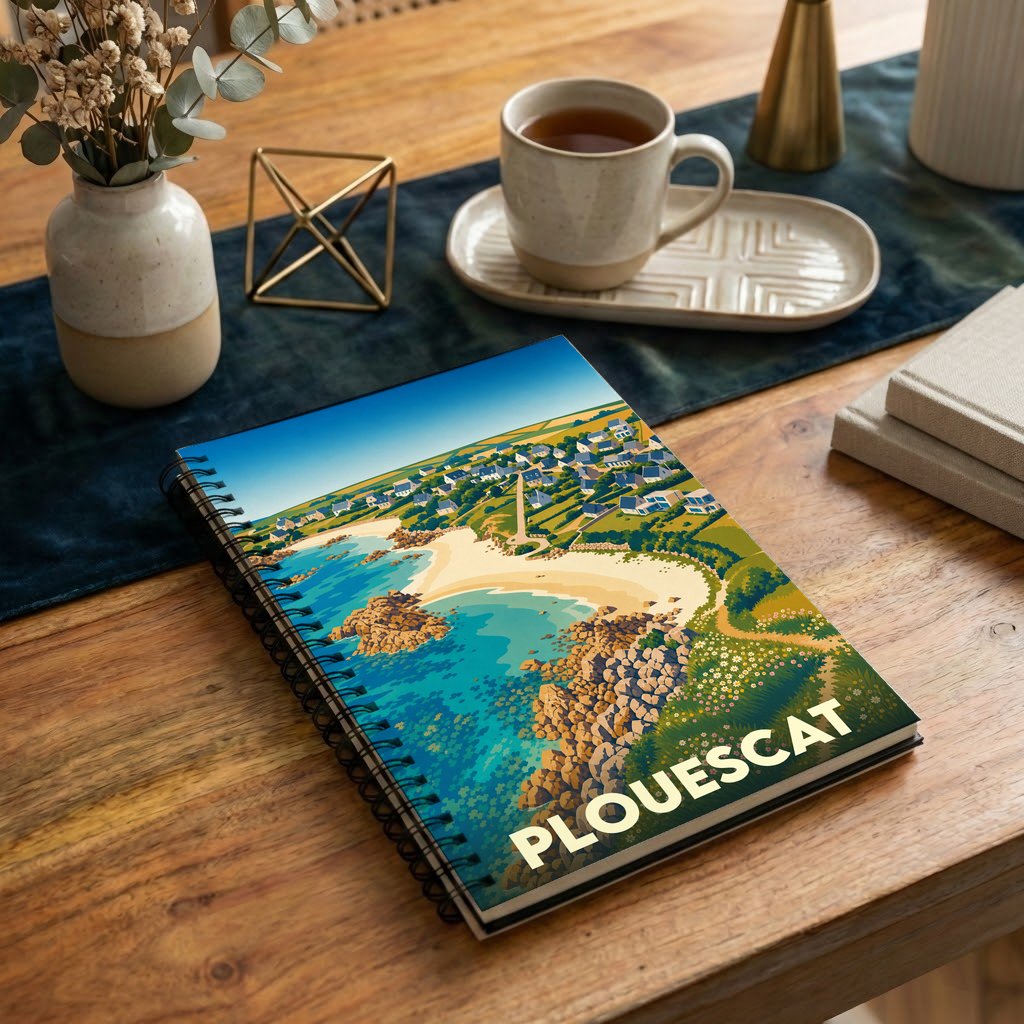 Carnet souvenir de la ville de Plouescat avec une illustration stylisée de sa côte littorale.