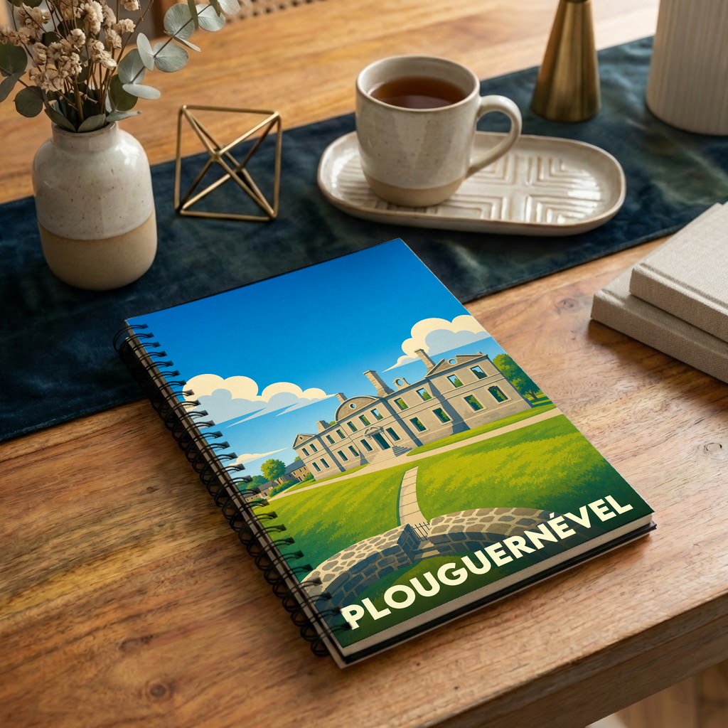 Carnet souvenir de la ville de Plouguernével avec une illustration stylisée de son patrimoine architectural.