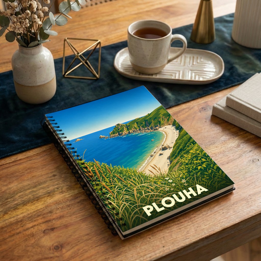 Carnet souvenir de la ville de Plouha avec une illustration stylisée de sa côte.