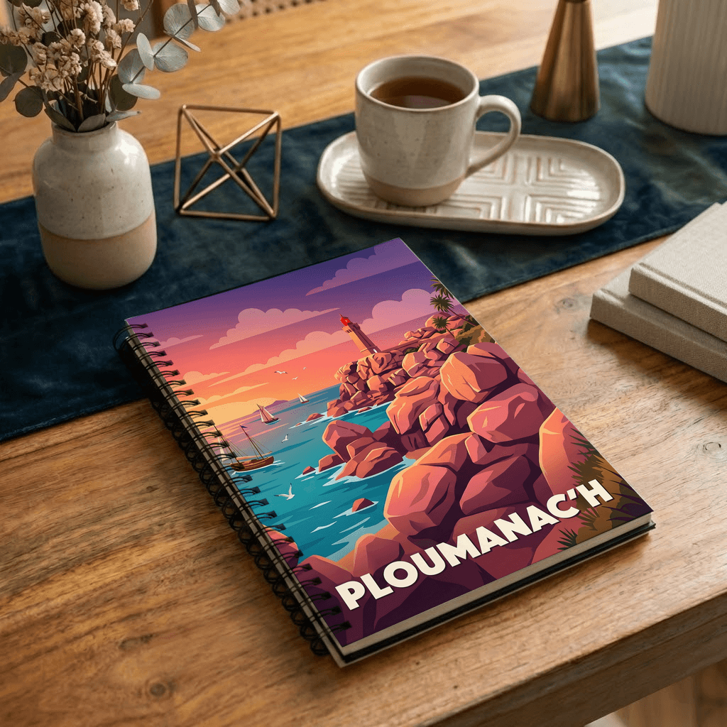Carnet souvenir de la ville de Ploumanac'h avec une illustration stylisée de son phare et de sa côte rocheuse.