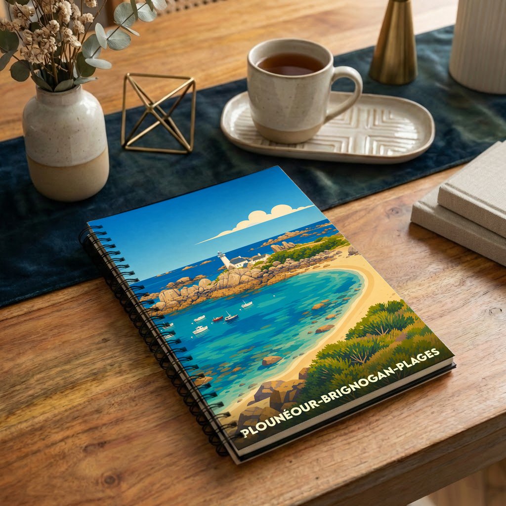 Carnet souvenir de Plounéour-Brignogan-Plages illustré par un paysage côtier stylisé.