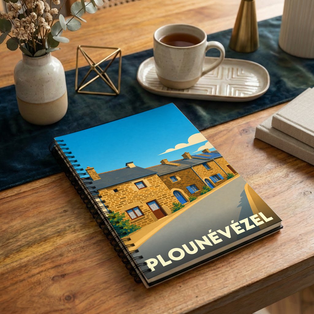 Carnet à spirales souvenir de la ville de Plounévézel avec une illustration stylisée de maisons bretonnes.