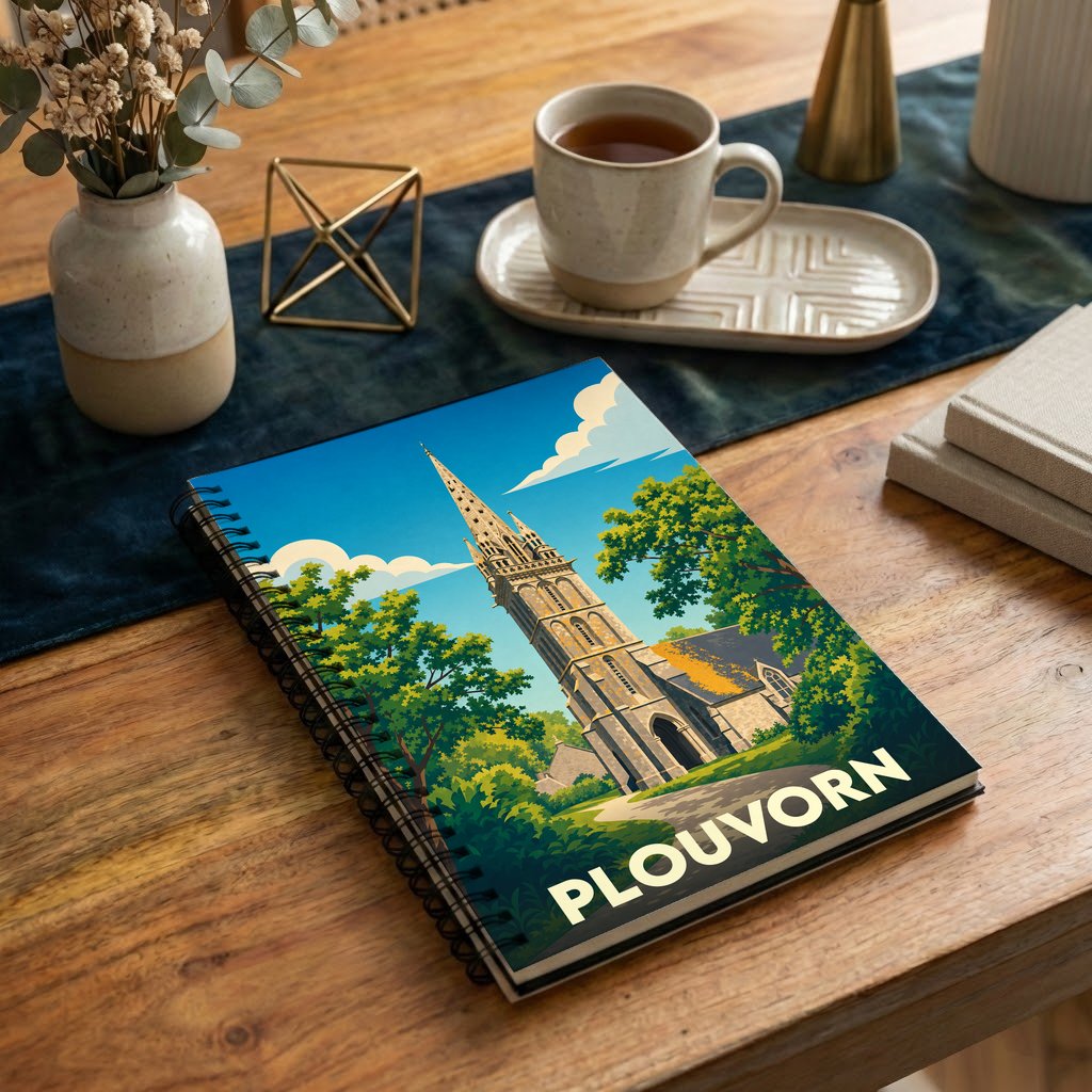 Carnet à spirale souvenir de la ville de Plouvorn avec une illustration stylisée de son église.
