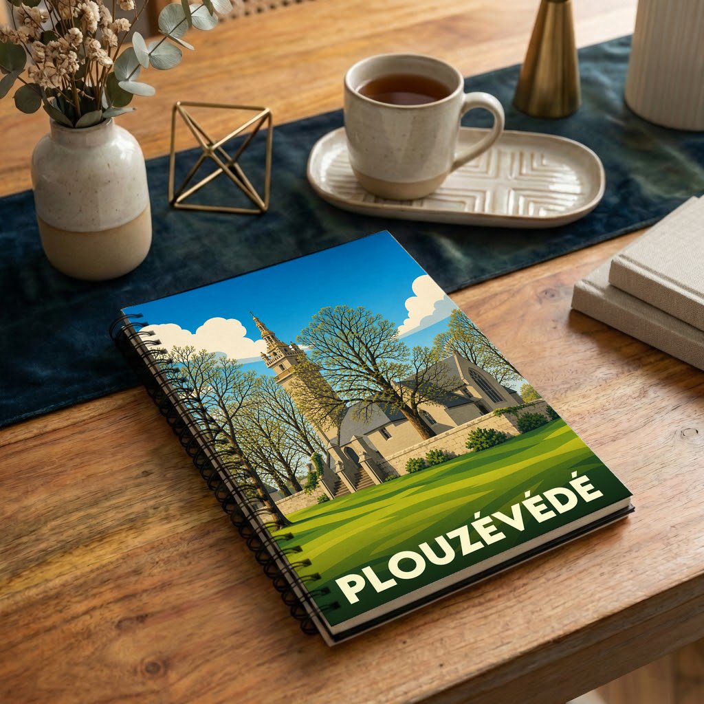 Carnet souvenir de la ville de Plouzévédé illustré d'un paysage stylisé de son église et de sa campagne.