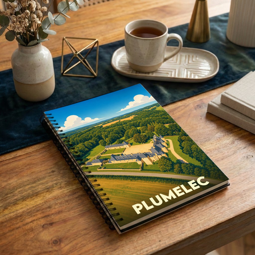 Carnet à spirales souvenir de la ville de Plumelec avec une illustration stylisée d'un château vue du ciel.