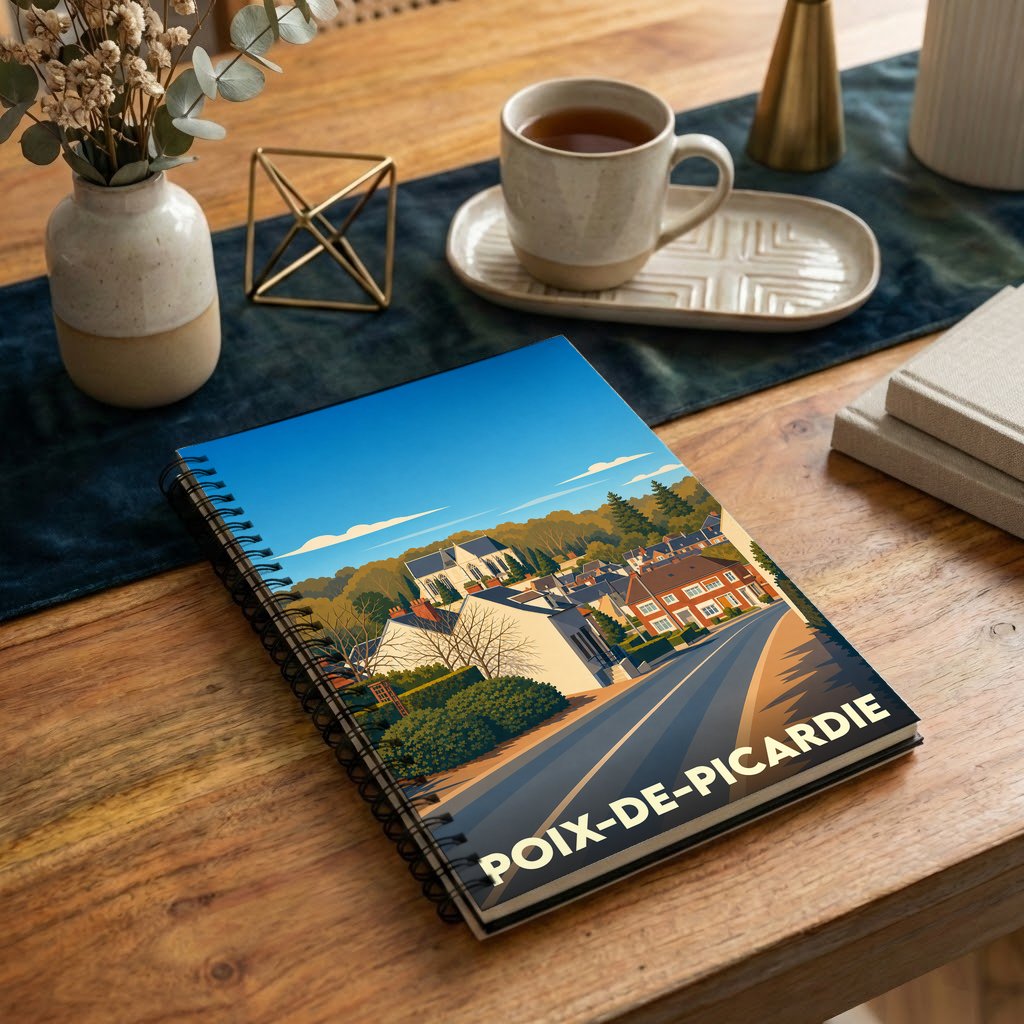 Carnet à spirales souvenir de la ville de Poix-de-Picardie avec une illustration stylisée.