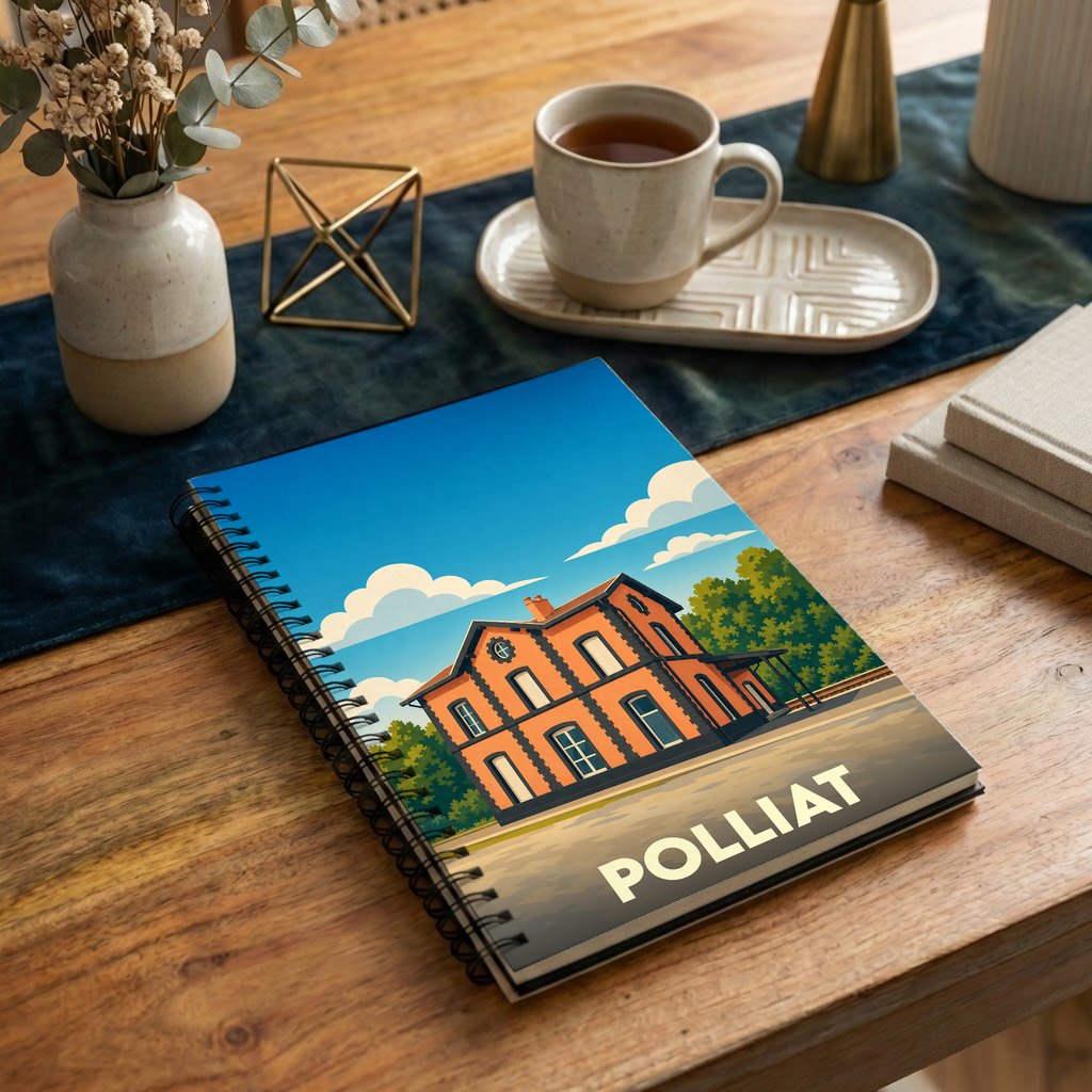 Carnet à spirales souvenir de la ville de Polliat avec une illustration stylisée de sa gare.