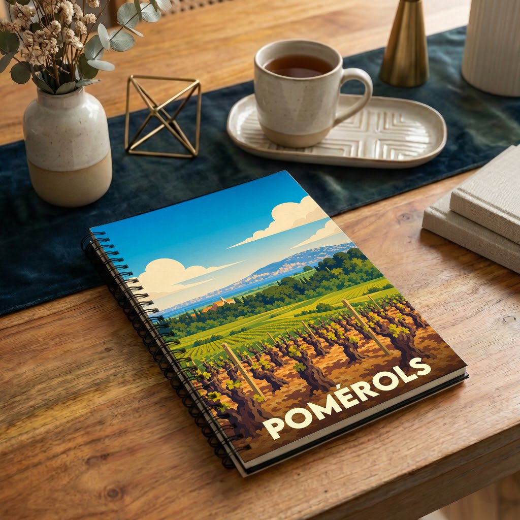 Carnet à spirales souvenir de la ville de Pomérols illustré d'un paysage de vignobles stylisé.