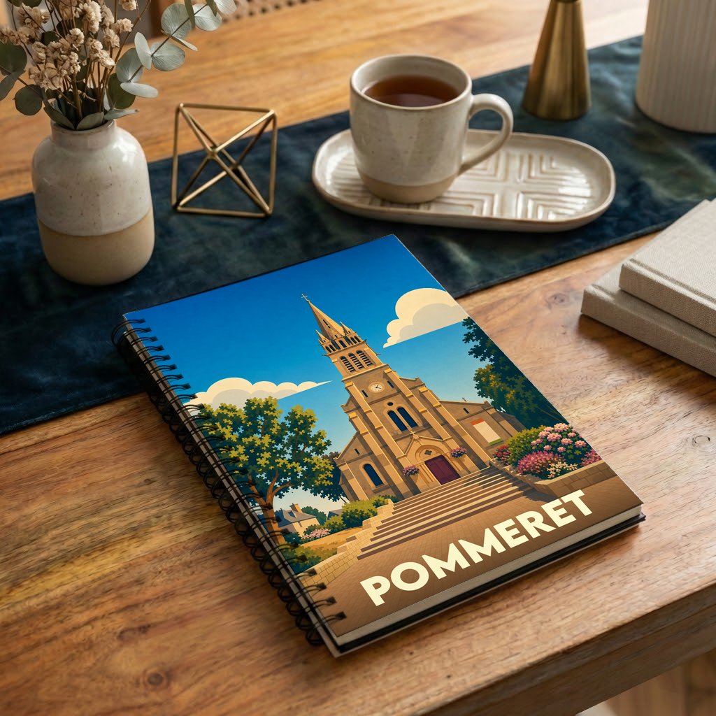 Carnet à spirales souvenir de la ville de Pommeret orné d'une illustration stylisée de son église.