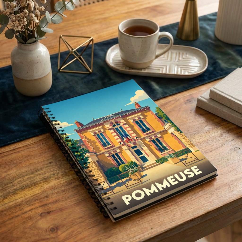 Carnet à spirales souvenir de la ville de Pommeuse avec une illustration stylisée de sa mairie.