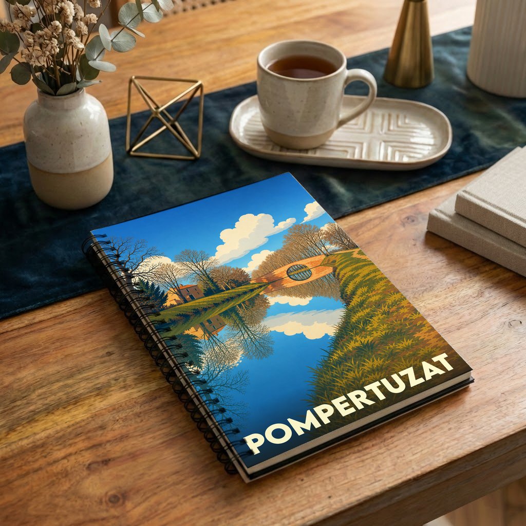 Carnet souvenir de la ville de Pompertuzat orné d'une illustration stylisée de son paysage.