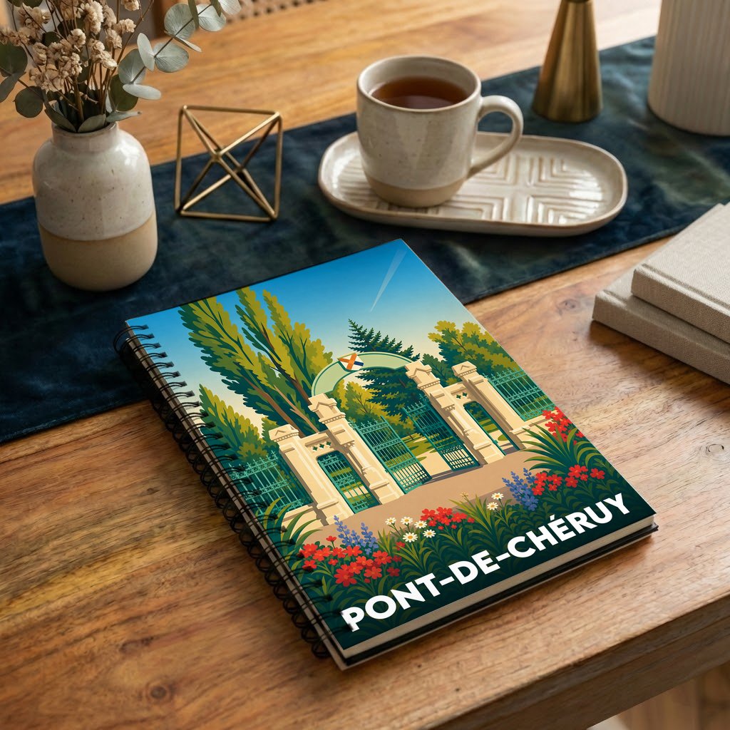 Carnet à spirales souvenir de la ville de Pont-de-Chéruy avec une illustration stylisée de son entrée monumentale.