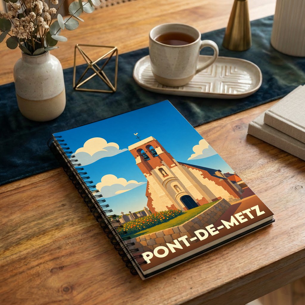 Carnet de notes souvenir de la ville de Pont-de-Metz avec une illustration stylisée de son église.