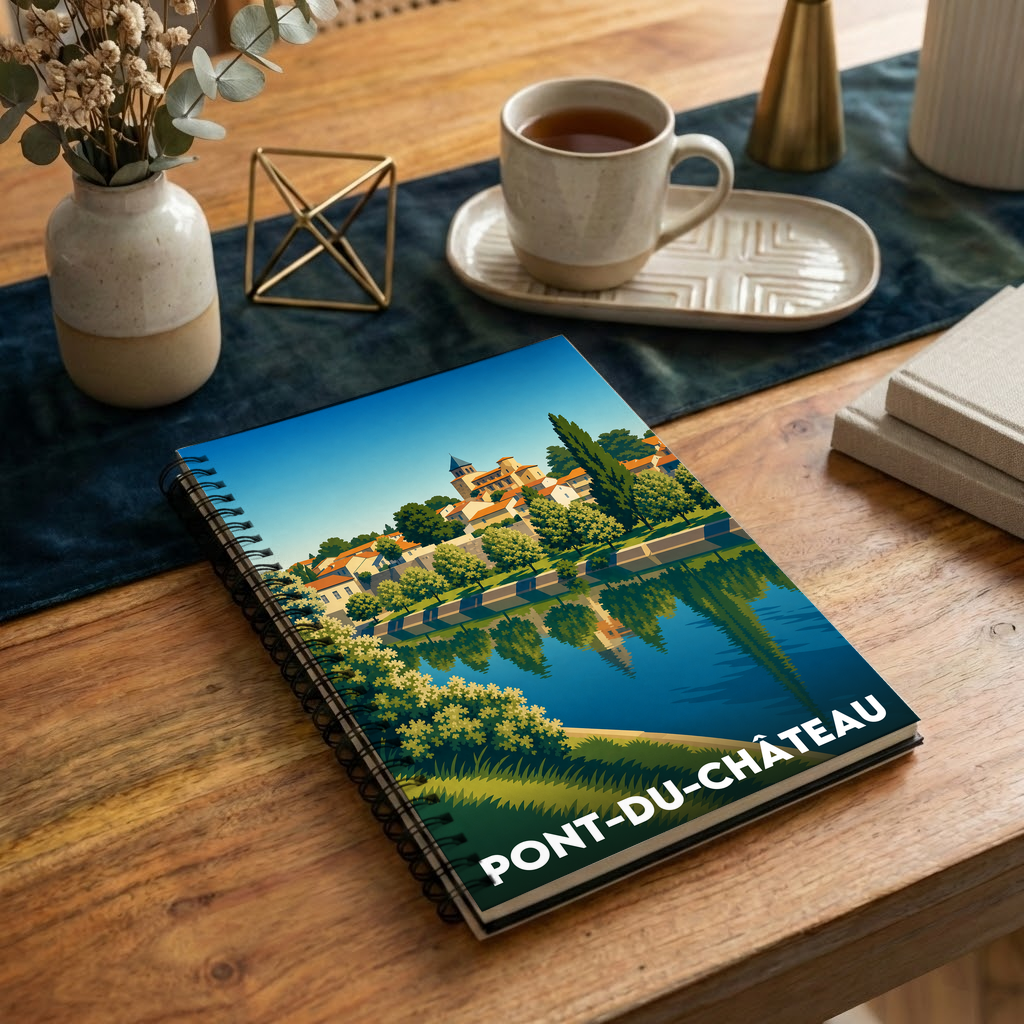 Carnet souvenir de la ville de Pont-du-Château avec une illustration stylisée.