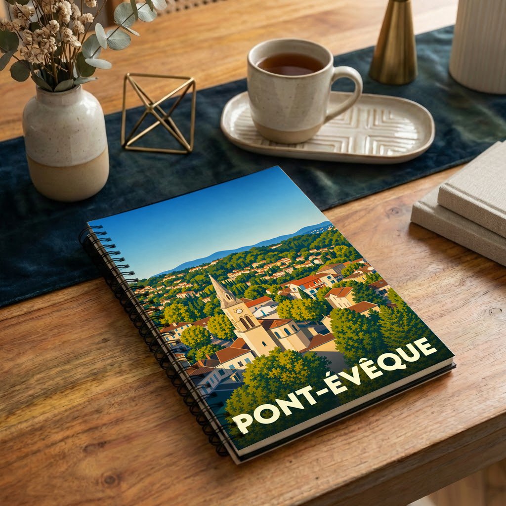 Carnet à spirales souvenir de la ville de Pont-Évêque avec une illustration panoramique stylisée.