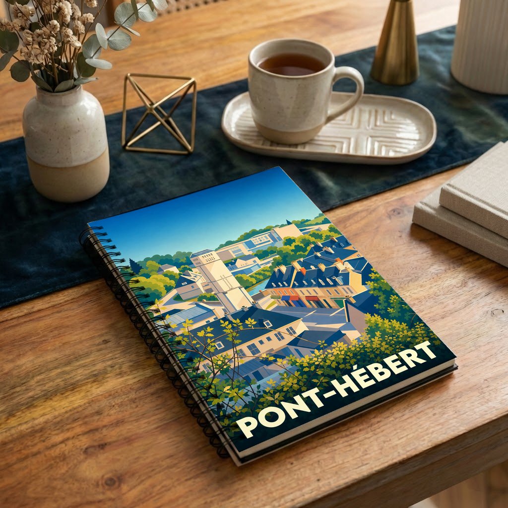Carnet à spirales souvenir de la ville de Pont-Hébert avec une illustration stylisée de ses paysages.