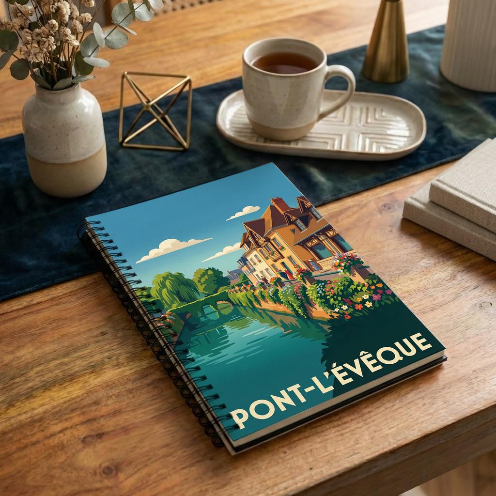 Carnet souvenir de la ville de Pont-l'Évêque avec une illustration stylisée de ses maisons à colombages au bord de l'eau.