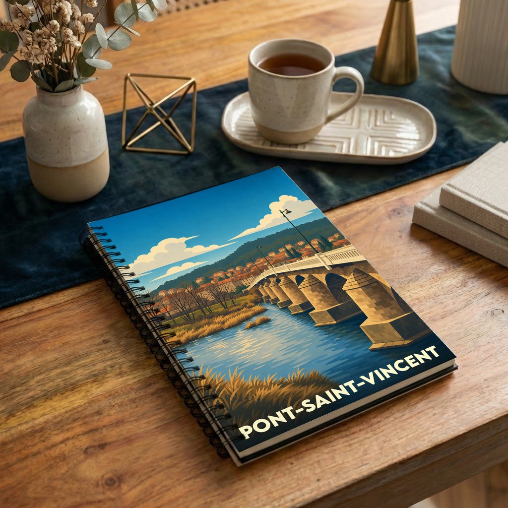 Carnet à spirales souvenir de la ville de Pont-Saint-Vincent avec une illustration stylisée de son pont.