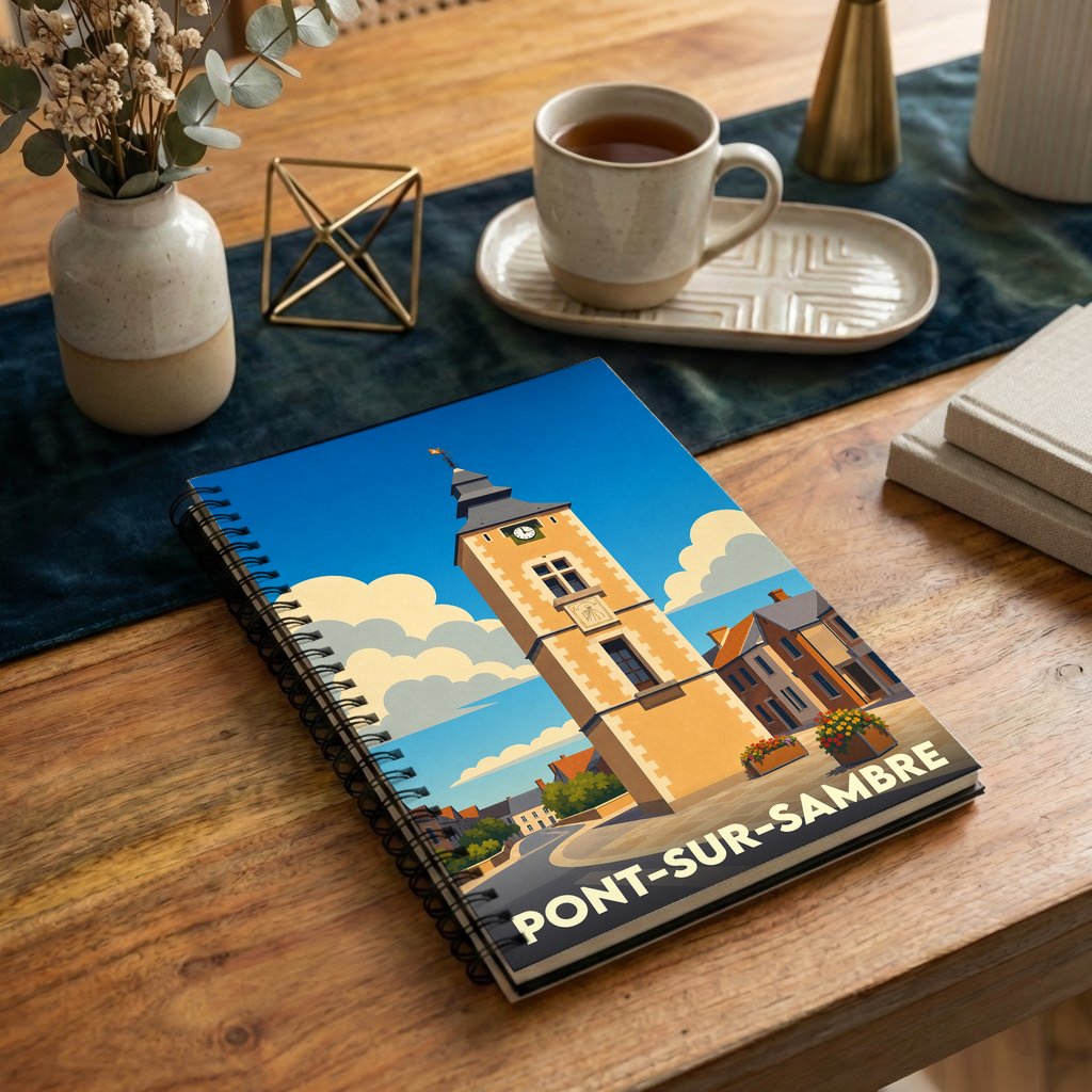Carnet à spirales souvenir de la ville de Pont-sur-Sambre avec une illustration stylisée de sa tour emblématique.