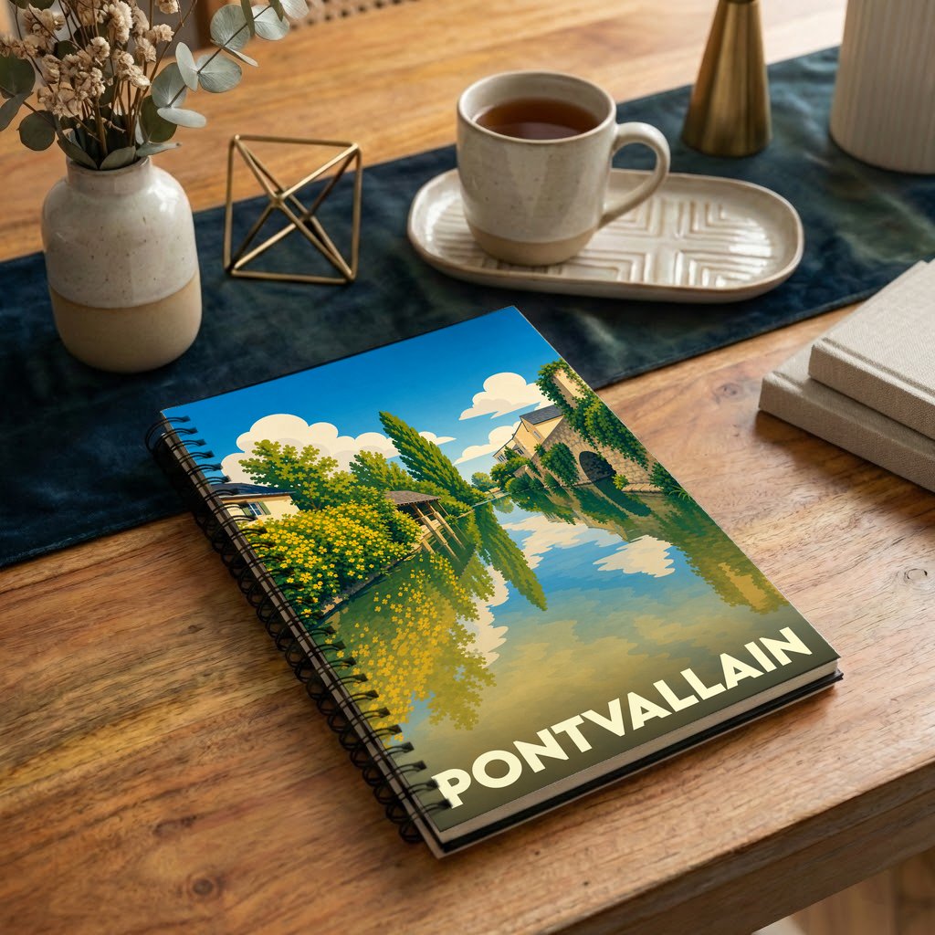 Carnet souvenir à spirale de la ville de Pontvallain avec une illustration stylisée d'un paysage fluvial.