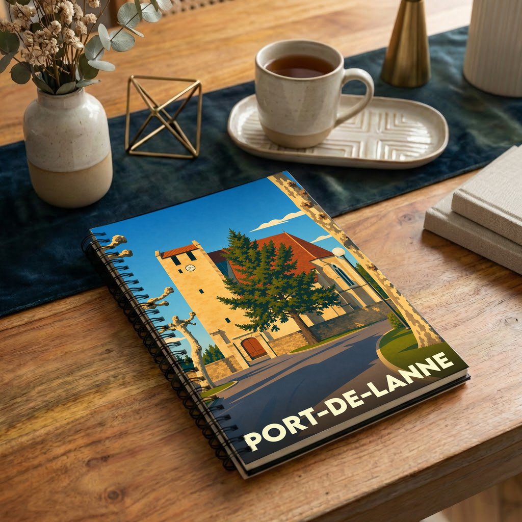Carnet souvenir de la ville de Port-de-Lanne avec une illustration stylisée d'une église sous un ciel bleu.
