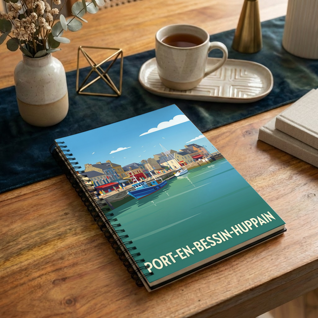 Carnet souvenir de la ville de Port-en-Bessin-Huppain avec une illustration stylisée.