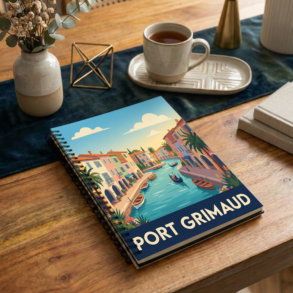 Carnet souvenir de la ville de Port Grimaud avec une illustration stylisée.