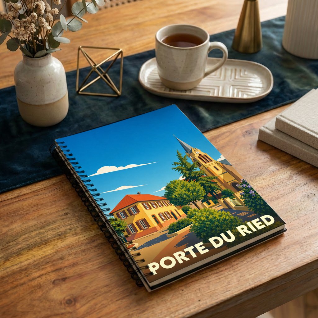 Carnet souvenir de la ville de Porte du Ried avec une illustration stylisée.