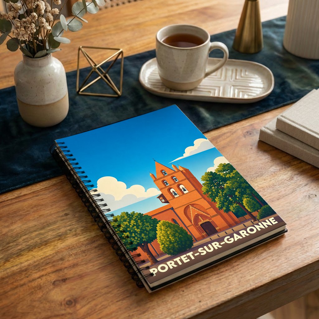 Carnet souvenir de la ville de Portet-sur-Garonne avec une illustration stylisée de son église.