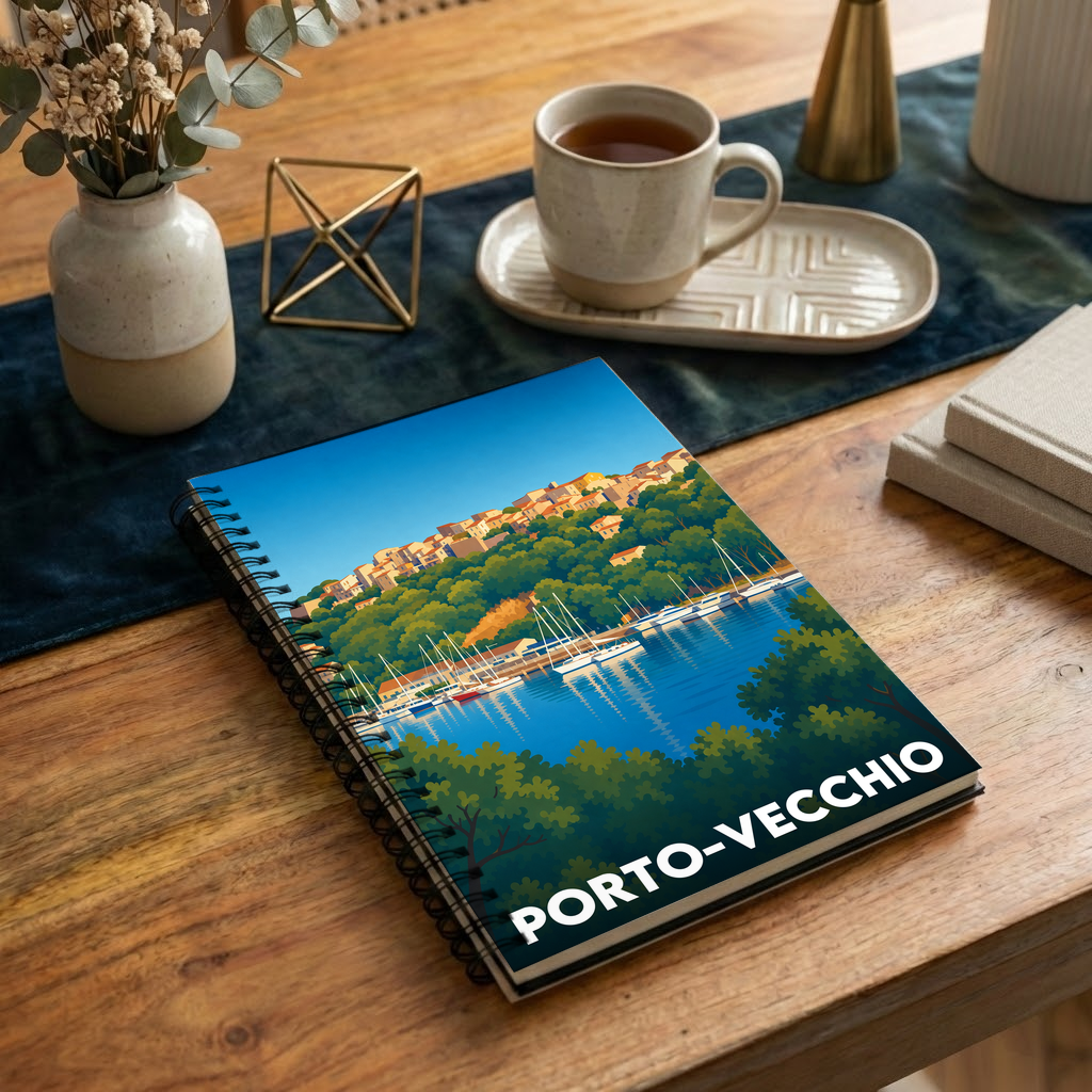 Carnet souvenir à spirales de la ville de Porto-Vecchio orné d'une illustration stylisée de son port et de sa vieille ville.