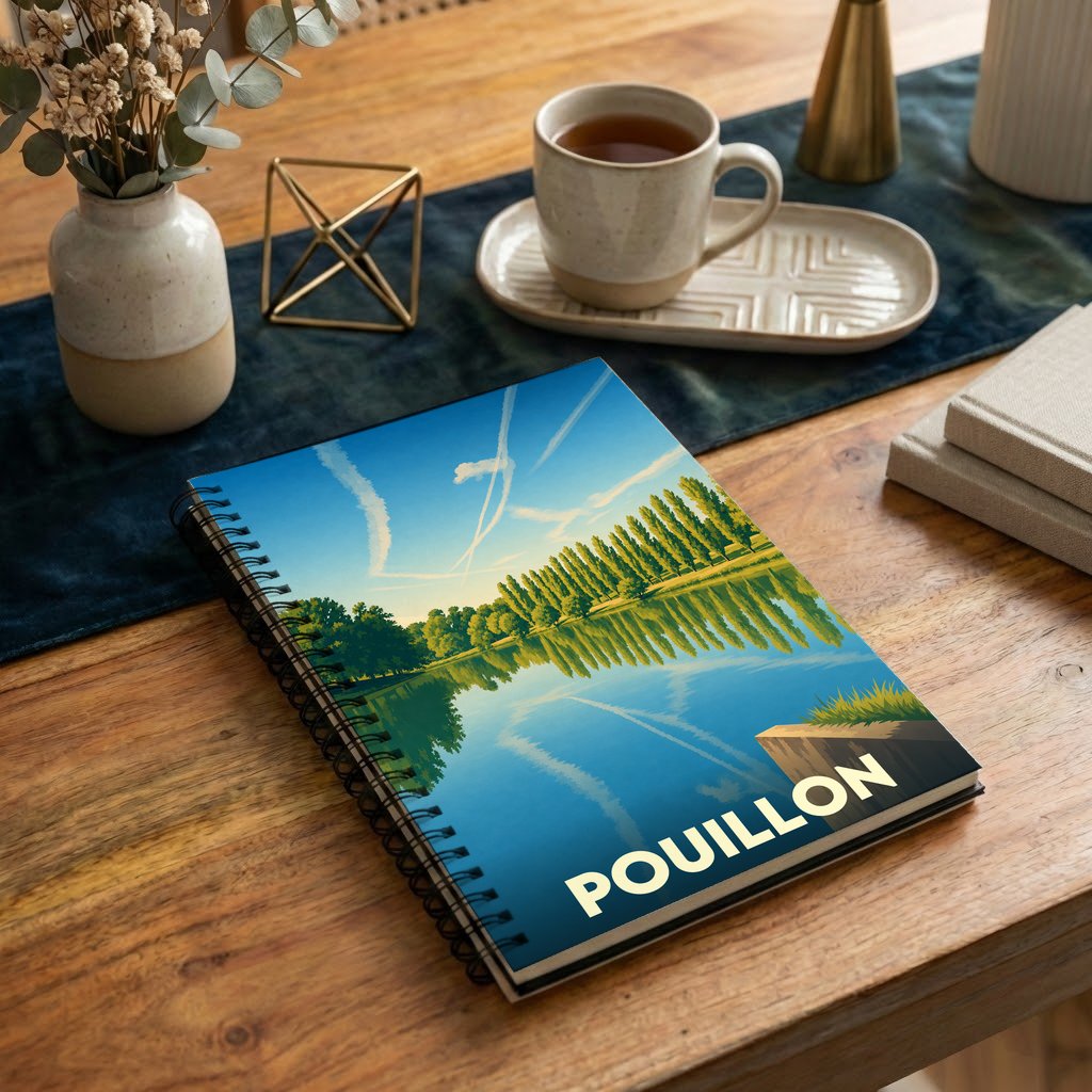 Carnet à spirales souvenir de la ville de Pouillon avec une illustration stylisée d'un lac bordé de peupliers.