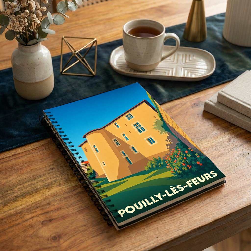 Carnet de notes à spirales souvenir de Pouilly-lès-Feurs illustré d'un château stylisé sous un ciel bleu.