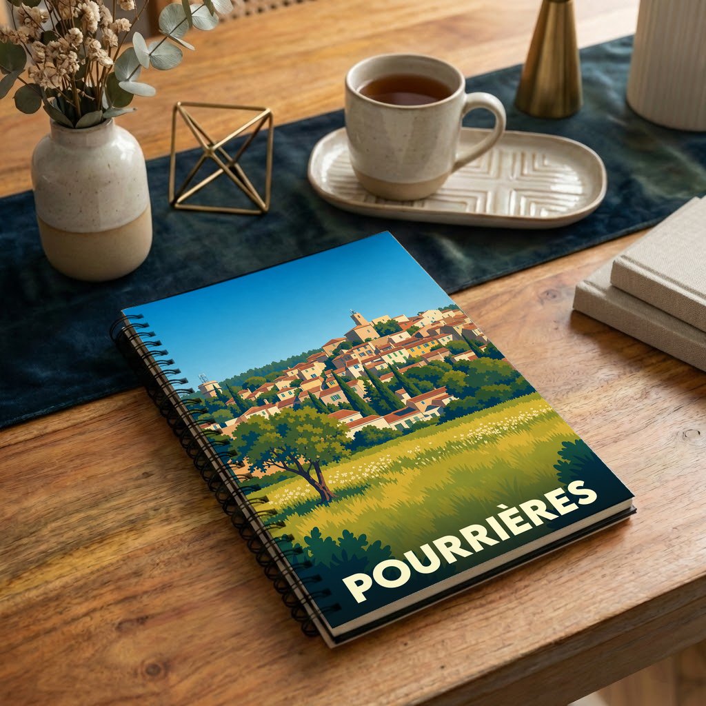 Carnet souvenir de la ville de Pourrières avec une illustration stylisée.