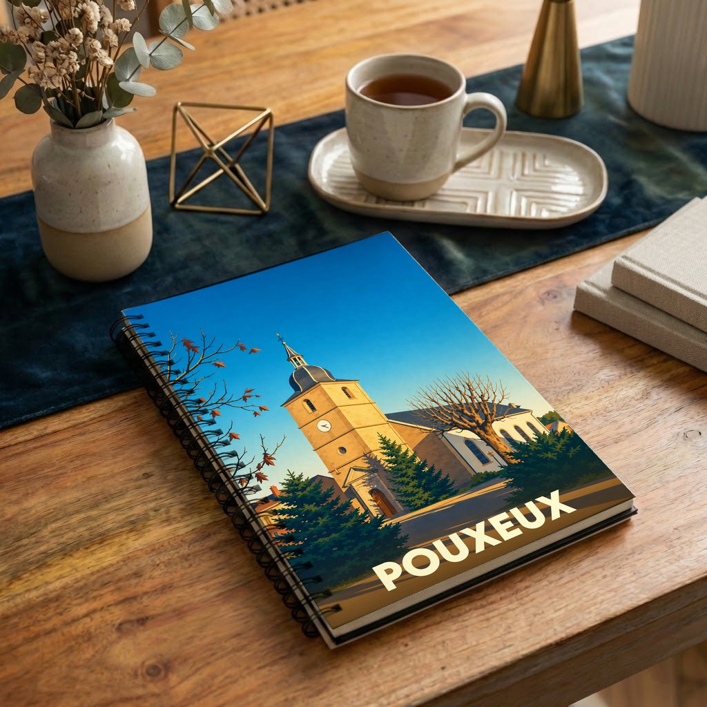 Carnet à spirales souvenir de la ville de Pouxeux avec une illustration stylisée de son église.