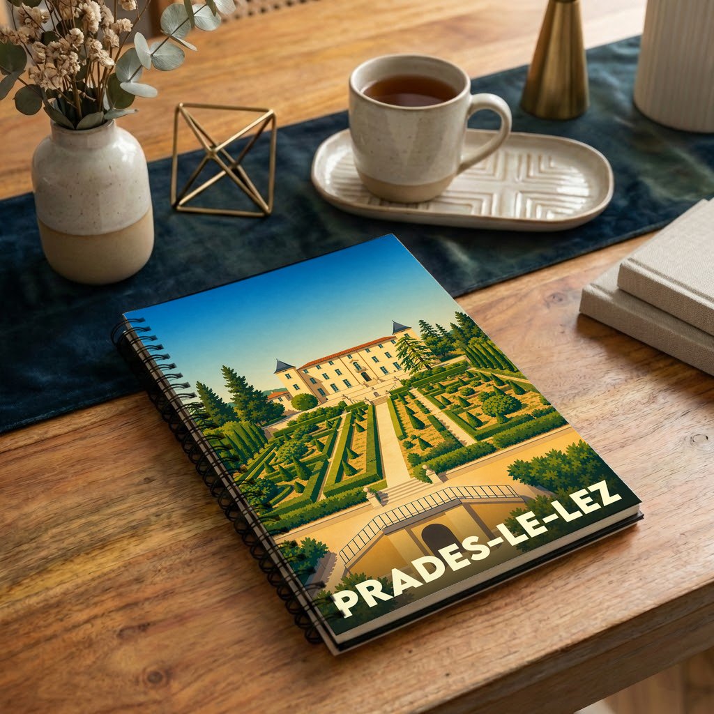Carnet à spirales souvenir de la ville de Prades-le-Lez avec une illustration stylisée d'un château et de ses jardins.